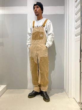 「Carhartt WIP（カーハートダブリューアイピー）のアイテム（オールインワン・サロペット）」を使った、TAKESHIさん（メンズ・178cm）の冬コーディネート