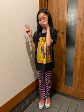 「HOGAN RANCH WEAR（ホーガンランチウエア）の先染ボーダーワッフルフレアーパンツ（80～150cm）（その他パンツ、パープル系）」を使った、miperoさん（キッズ・147cm）の春コーディネート