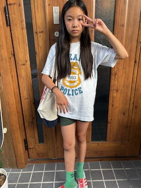 「Champion（チャンピオン）のアイテム（スウェットパンツ、グリーン系）」を使った、miperoさん（キッズ・147cm）の夏コーディネート