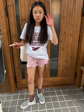 「BLUEBLUEのアイテム（Tシャツ/カットソー、ホワイト系）」を使った、miperoさん（キッズ・147cm）の夏コーディネート