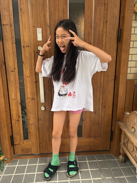 「BIRKENSTOCK（ビルケンシュトック）の＜BIRKENSTOCK＞ ARIZONA アリゾナ ファー サンダル（サンダル、ブラック系）」を使った、miperoさん（キッズ・147cm）の夏コーディネート