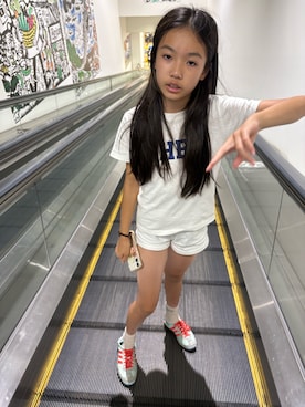 「!のアイテム（Tシャツ/カットソー、ホワイト系）」を使った、miperoさん（キッズ・147cm）の夏コーディネート