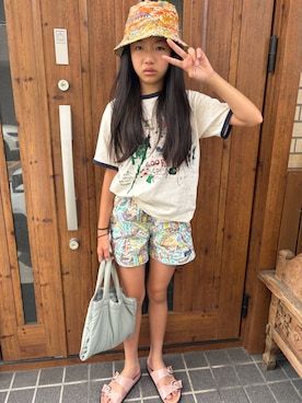 「ZARA KIDSのアイテム（サンダル、ピンク系）」を使った、miperoさん（キッズ・147cm）の夏コーディネート