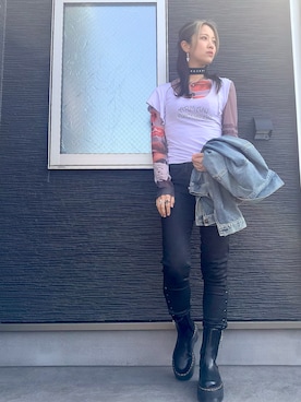 「厚底ブーツ」｜「アイテム（デニムジャケット）」を使った、channieさん（レディース・162cm）の春コーディネート