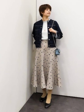 「grove（グローブ）の着心地軽やか、動きやすいストレッチデニムジャケット（デニムジャケット、ブルー系）」を使った、satoponさん（レディース）の春コーディネート