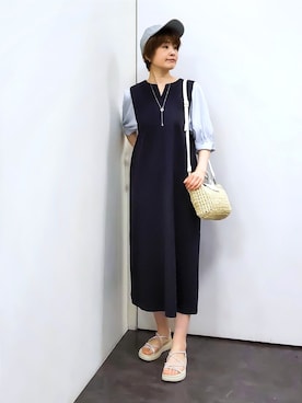 「grove（グローブ）の高評価！【体型カバー/洗える】袖布帛ポンチワンピース（ワンピース、ブルー系）」を使った、satoponさん（レディース）の春コーディネート