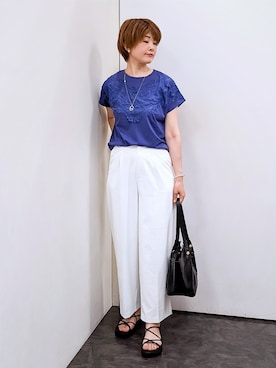 「grove（グローブ）の【持続冷感/SET UP可】ひんやりポンチシリーズ／フロントレースドルマンカットソー（Tシャツ/カットソー、パープル系）」を使った、やまちゃんさん（レディース・166cm）の夏コーディネート