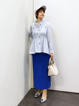 「grove（グローブ）の【貴島明日香さん着用/体型カバー】洗えるシアーサファリシャツジャケット（シャツ/ブラウス、ブルー系）」を使った、satoponさん（レディース）の春コーディネート