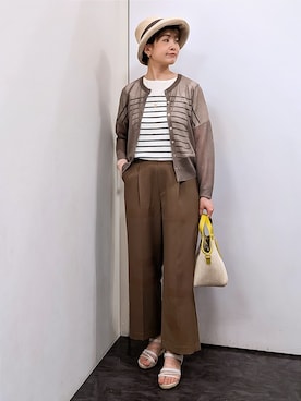 「grove（グローブ）の【洗える/名品】大人の透け感、シアーカーディガン（カーディガン/ボレロ、ブラウン系）」を使った、satoponさん（レディース）の春コーディネート