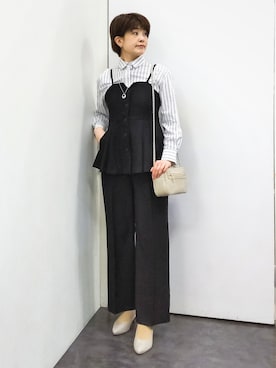 「grove（グローブ）の【貴島明日香さん着用・カセット服】リネンライク ペプラムビスチェ（シャツ/ブラウス、ブラック系）」を使った、satoponさん（レディース）の春コーディネート
