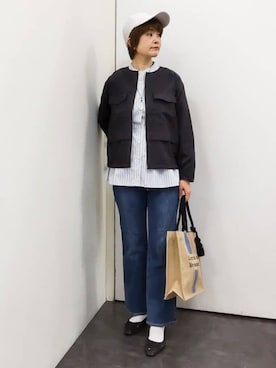 「grove（グローブ）の【貴島明日香さん着用・洗える】麻調ノーカラーブルゾン（ブルゾン、ブラック系）」を使った、satoponさん（レディース）の春コーディネート
