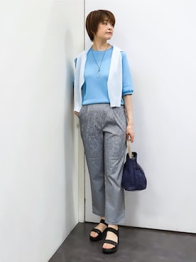 「grove（グローブ）の【洗える/名品】大人の透け感、シアーカーディガン（カーディガン/ボレロ、ブルー系）」を使った、satoponさん（レディース）の春コーディネート