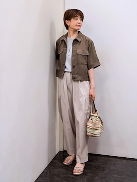 「grove（グローブ）の【吸水速乾・通気性・洗える】衿付きハーフジャケット（テーラードジャケット、ブラウン系）」を使った、satoponさん（レディース）の夏コーディネート