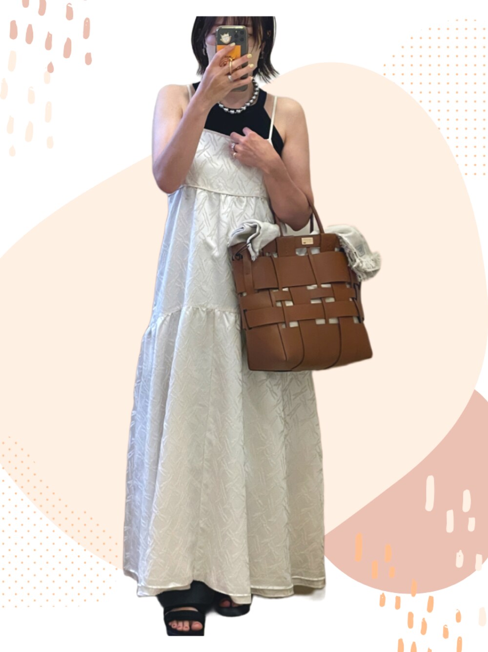 「お出かけコーデ、休日スタイル、夏コーデ、オトナカジュアル、大人ガーリー、ゆるコーデ、キレイめ、サンダルコーデ、ラフコーデ、ママコーデ、ワンピース、タンクトップ、キャミワンピ、シルバーアクセサリー、夏」｜「Zanchettiの【ZANCHETTI】メッシュレザーバッグ/W SHOPPER（ハンドバッグ、ブラウン系）」を使った、R_RIEさん（レディース・160cm）の夏コーディネートの1枚目の写真