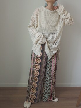 「CORNERS（コーナーズ）のCORNERS by KR　エスニックストライプワイドパンツ（その他パンツ）」を使った、❁ a i  ❁さん（レディース・158cm）の春コーディネート