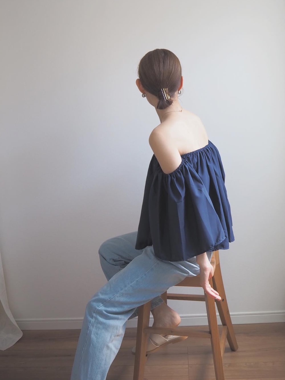 「カジュアルスタイル、シンプルスタイル、夏服、オフショル」｜「deux amourのオフショルダーフレアトップス（その他トップス、ブルー系）」を使った、❁ a i  ❁さん（レディース・158cm）の夏コーディネートの1枚目の写真