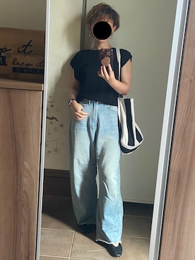 「GU（ジーユー）のアイテム（ニット/セーター、ブラック系）」を使った、ゆんさん（レディース・153cm）の夏コーディネート