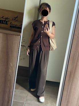 「しまむら（シマムラ）のアイテム（ニット/セーター、ブラウン系）」を使った、ゆんさん（レディース・153cm）の夏コーディネート