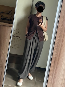 「しまむら（シマムラ）のアイテム（その他パンツ、ブラウン系）」を使った、ゆんさん（レディース・153cm）の夏コーディネート