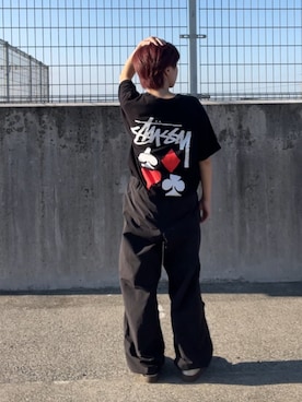 「STUSSY（ステューシー）のアイテム（Tシャツ/カットソー、ブラック系）」を使った、マー　ﾎﾞｰｲｯｼｭさん（メンズ・156cm）の夏コーディネート
