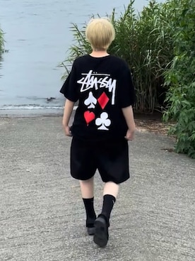 「STUSSY（ステューシー）のアイテム（Tシャツ/カットソー、ブラック系）」を使った、マーさん（メンズ・156cm）の夏コーディネート