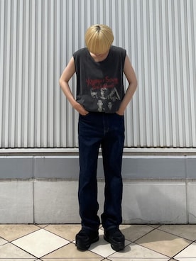 「younger song（ヤンガーソング）のアイテム（タンクトップ、ブラック系）」を使った、マーさん（メンズ・156cm）の夏コーディネート