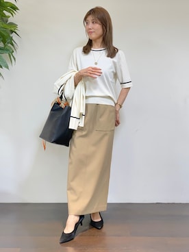 「UNTITLED（アンタイトル）の【アンサンブル可能】コンパクトニットカーディガン（カーディガン/ボレロ、ベージュ系）」を使った、tomoさん（レディース・155cm）の夏コーディネート