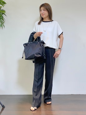 「アイテム（ノーカラージャケット、ブラック系）」を使った、tomoさん（レディース・155cm）の夏コーディネート