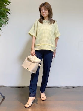 「UNTITLED（アンタイトル）のファンシーツイードブラウス（シャツ/ブラウス、イエロー系）」を使った、tomoさん（レディース・155cm）の夏コーディネート