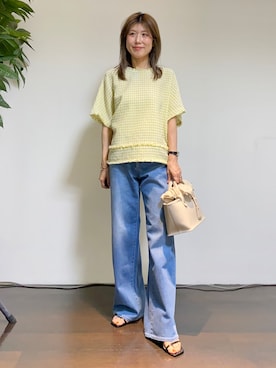 「UNTITLED（アンタイトル）のファンシーツイードブラウス（シャツ/ブラウス、イエロー系）」を使った、tomoさん（レディース・155cm）の夏コーディネート
