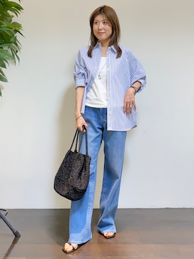 「UNTITLED（アンタイトル）の【接触冷感/吸水速乾/UVカット】ドルマンスリーブシャツ（シャツ/ブラウス、ブルー系）」を使った、tomoさん（レディース・155cm）の夏コーディネート