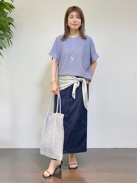 「UNTITLED（アンタイトル）の【11色展開/体型カバー】前後2WAYフレンチスリーブニット（ニット/セーター、パープル系）」を使った、tomoさん（レディース・155cm）の夏コーディネート