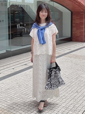 「UNTITLED（アンタイトル）の【古畑星夏さん着用/9色展開/アンサンブル可】コットンクルーネックカーディガン（カーディガン/ボレロ、ブルー系）」を使った、makiさん（レディース・154cm）の夏コーディネート
