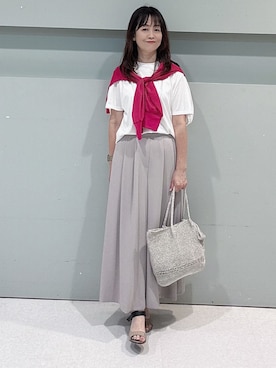 「UNTITLED（アンタイトル）の【7色展開/ゆったり/ショート丈】シアートリコットカーディガン（カーディガン/ボレロ、ピンク系）」を使った、makiさん（レディース・154cm）の夏コーディネート