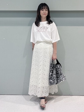 「UNTITLED（アンタイトル）の【セットアップ可】リーフレースロングスカート（スカート、ホワイト系）」を使った、makiさん（レディース・154cm）の夏コーディネート