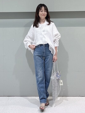 「UNTITLED（アンタイトル）の【追加/人気デニム】MAKE×DENIMスリムストレート（デニムパンツ、ブルー系）」を使った、makiさん（レディース・154cm）の夏コーディネート