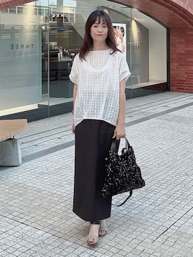 「UNTITLED（アンタイトル）のシアーチェックブラウス（シャツ/ブラウス、ホワイト系）」を使った、makiさん（レディース・154cm）の夏コーディネート