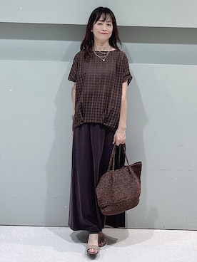 「UNTITLED（アンタイトル）のシアーチェックブラウス（シャツ/ブラウス、ブラウン系）」を使った、makiさん（レディース・154cm）の夏コーディネート
