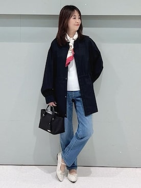 「アイテム（ノーカラーコート）」を使った、makiさん（レディース・154cm）の春コーディネート