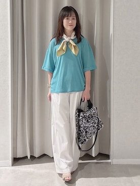 「UNTITLED（アンタイトル）の【ウエストゴム】タフタワイドパンツ（その他パンツ、ホワイト系）」を使った、makiさん（レディース・154cm）の夏コーディネート