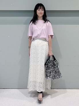 「UNTITLED（アンタイトル）の【セットアップ可】リーフレースロングスカート（スカート、ホワイト系）」を使った、makiさん（レディース・154cm）の夏コーディネート