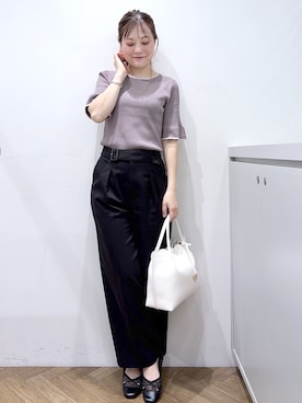 「index（インデックス）のバイカラーリブフリルニット【抗ピル／洗濯機OK】（ニット/セーター、ブラウン系）」を使った、Junさん（レディース・156cm）の夏コーディネート