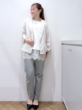 「index（インデックス）の【接触冷感／防シワ】ひんやり7分袖テーラードジャケット《洗濯機OK》（テーラードジャケット、ベージュ系）」を使った、Junさん（レディース・156cm）の夏コーディネート