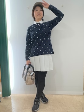 「adabat（アダバット）の【ADABAT NAVY】モノグラムサッカー長袖ポロシャツ（Tシャツ/カットソー、ブルー系）」を使った、いっちゃんさん（レディース・155cm）の秋コーディネート