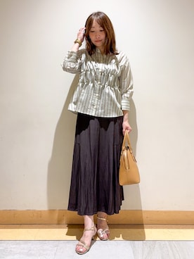 「UNTITLED（アンタイトル）のストライプシャーリングブラウス（シャツ/ブラウス、グリーン系）」を使った、sattoさん（レディース・152cm）の夏コーディネート