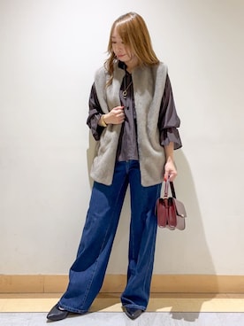 「UNTITLED（アンタイトル）の【トレンド/ジレ】フェイクファーベスト（ベスト、ベージュ系）」を使った、sattoさん（レディース・152cm）の夏コーディネート
