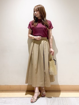 「UNTITLED（アンタイトル）の【シアー】チェックスタンドネックブラウス（シャツ/ブラウス、レッド系）」を使った、sattoさん（レディース・152cm）の夏コーディネート