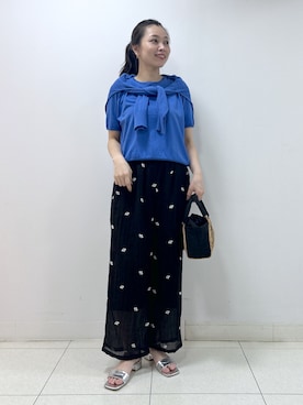 「Dessin（デッサン）の【9色展開/接触冷感/UVカット】ドライタッチサマーニットT（ニット/セーター、ブルー系）」を使った、kai12230さん（レディース・161cm）の夏コーディネート