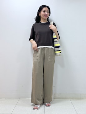「Dessin（デッサン）の【洗える】バイカラーボクシーシルエットニット（ニット/セーター、ブラウン系）」を使った、kai12230さん（レディース・161cm）の夏コーディネート