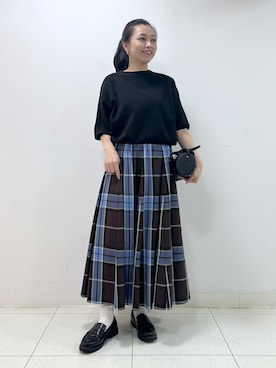 「Dessin（デッサン）の【UVカット/マシンウォッシャブル】6分袖配色ニット（ニット/セーター、ブラック系）」を使った、kai12230さん（レディース・161cm）の秋コーディネート